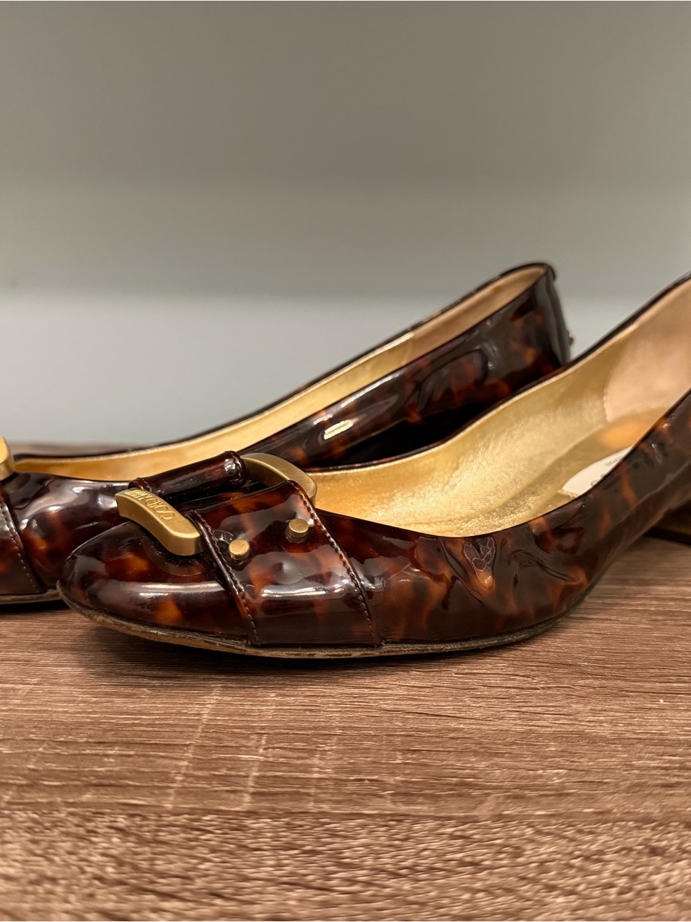 Vintage Jimmy Choo Tortoiseshell Brown Pumps Gold Block Heel & Hardware -Size 40 - Picture 10 of 10
